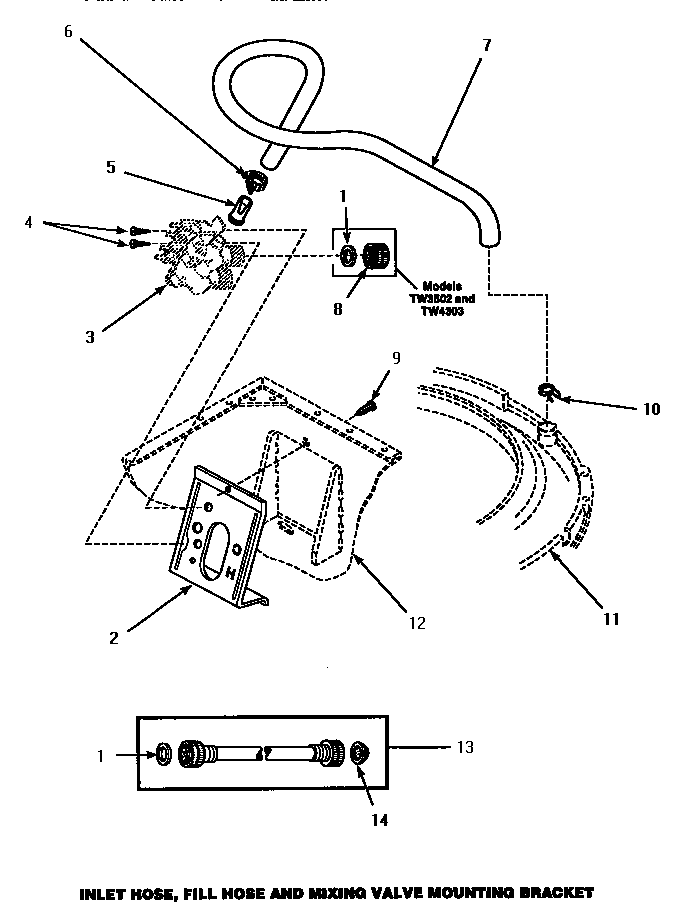 Amana LWM433W/P1176501WW inlet hose, fill hose & mixing valve mounting bracket diagram