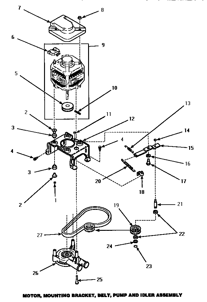 Amana LWM433W/P1176501WW motor, mounting bracket, belt, pump & idler assembly diagram