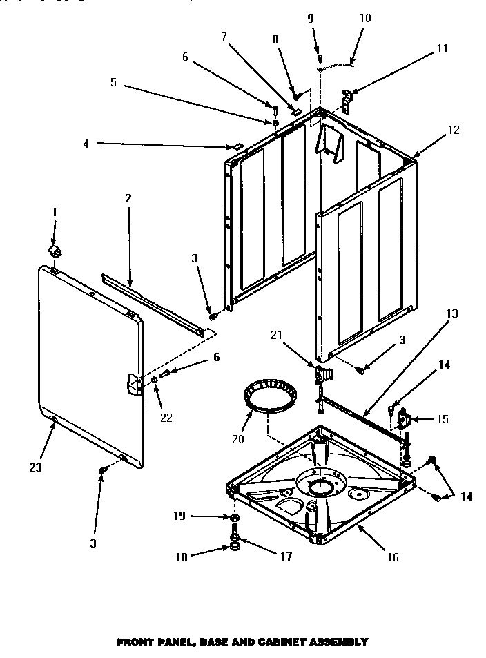 Amana LWM433W/P1176501WW front panel, base & cabinet assembly diagram