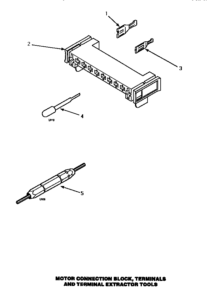 Amana LEM437L/P1176602WL motor connection block, terminals & terminal extractor tool diagram