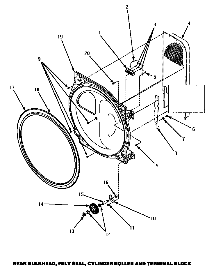 Amana LG8409W-P1163621WW rear bulkhead, felt seal, cylinder roller & terminal block diagram