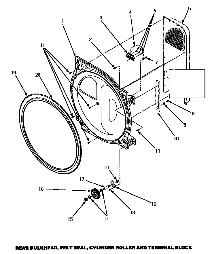 Amana CE8407W-PCE8407W rear bulkhead, felt seal, cylinder roller & terminal block (ce8407w/pce8407w) (ce8427w/pce8427w) diagram