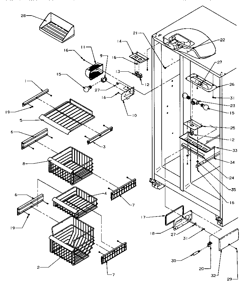 Amana SRD22S5E-P1190301WE freezer shelving & ref light diagram
