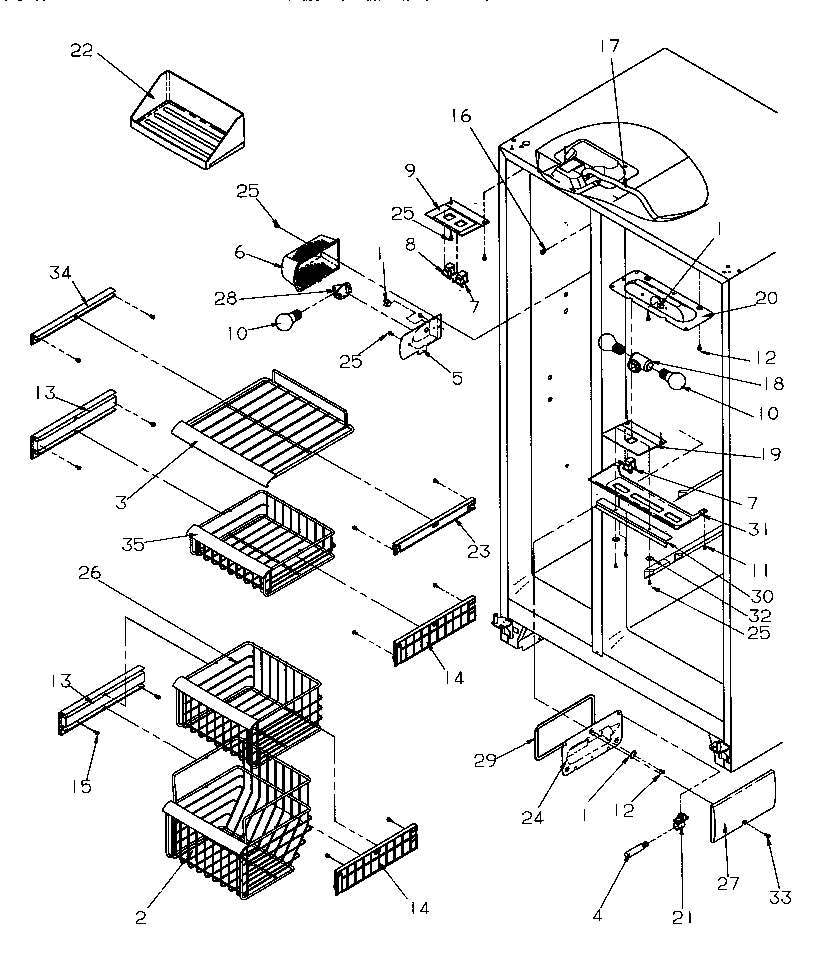 Amana SRDE27S3W-P1190601WW freezer shelving & ref light diagram