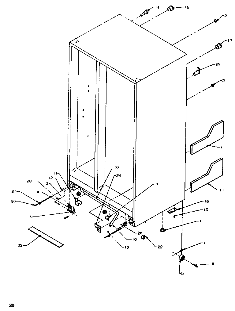 Amana SB520SW-P1185001WW drain & rollers & cabinet back diagram