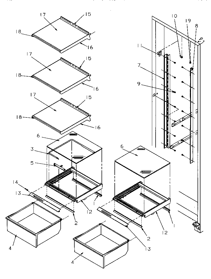 Amana SG521SBL-P1197001WL refrigerator shelving and drawers diagram