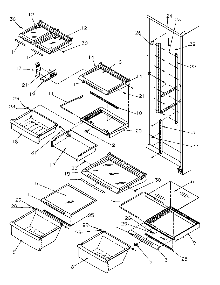 Amana SBD20S4L-P1190001WL refrigerator shelving and drawers diagram