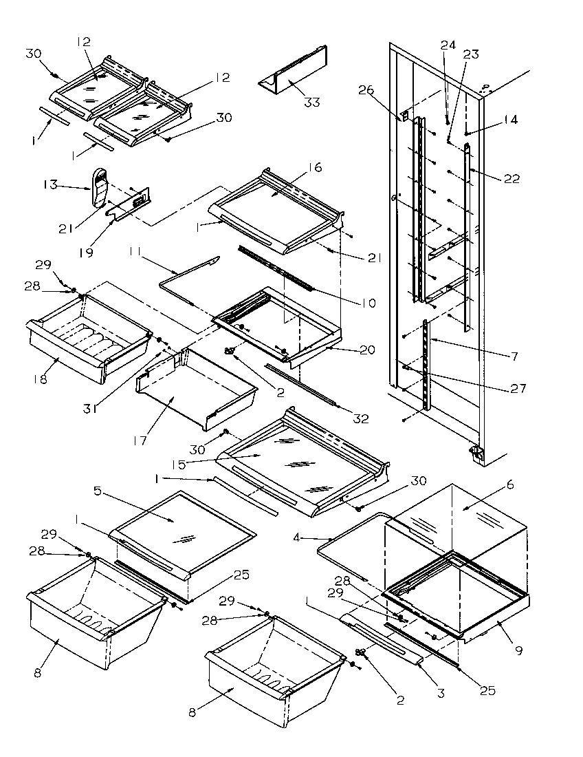 Amana SRDE528SW-P1184901WW refrigerator shelving and drawers diagram