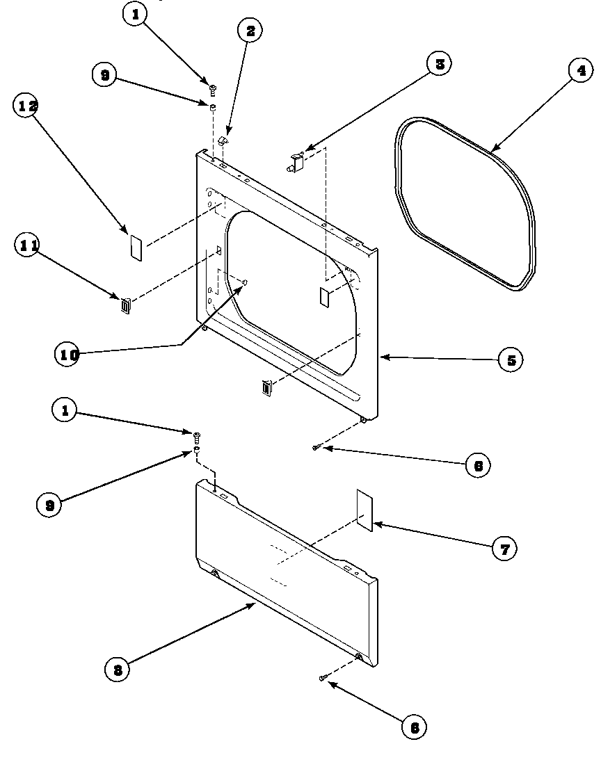 Speed Queen AEM677L2/PAEM677L2 lower access panel, front panel and seal diagram