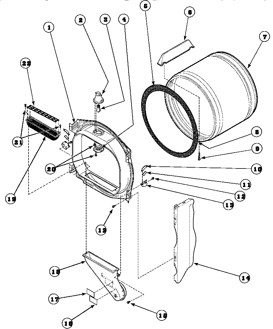 Speed Queen AEM677L2/PAEM677L2 front bulkhead, air duct, felt seal and cylinder diagram