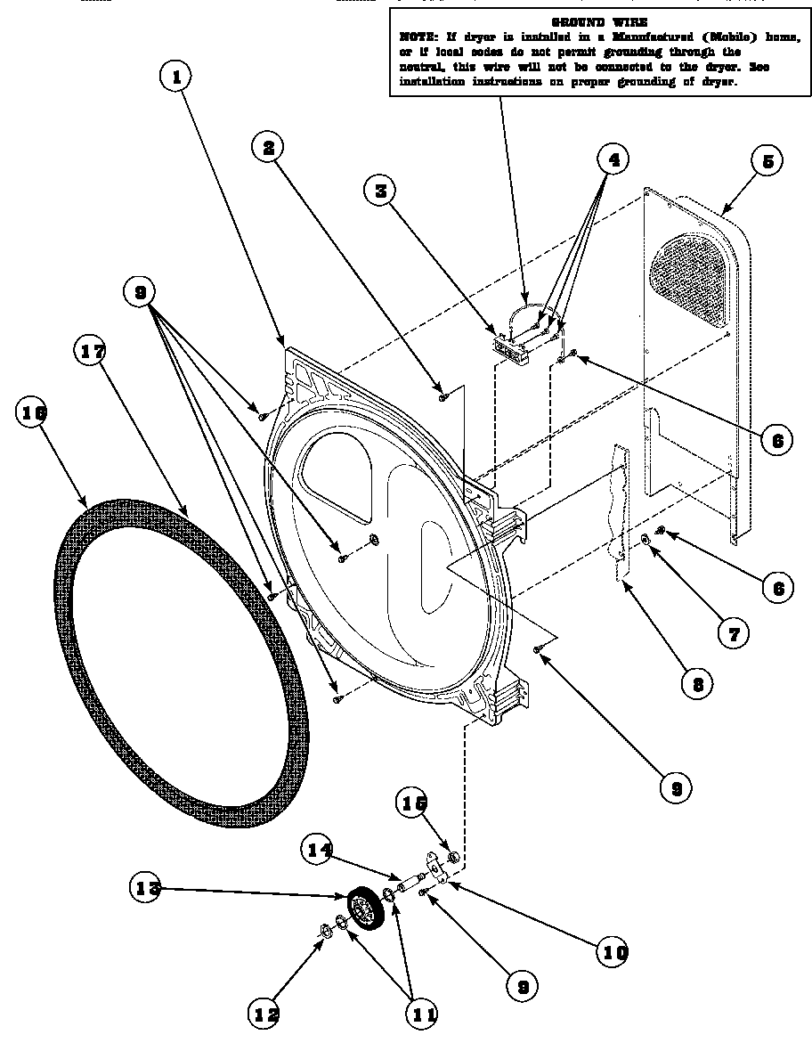 Speed Queen AEM677L2/PAEM677L2 rear bulkhead, felt seal, cylinder roller and terminal diagram
