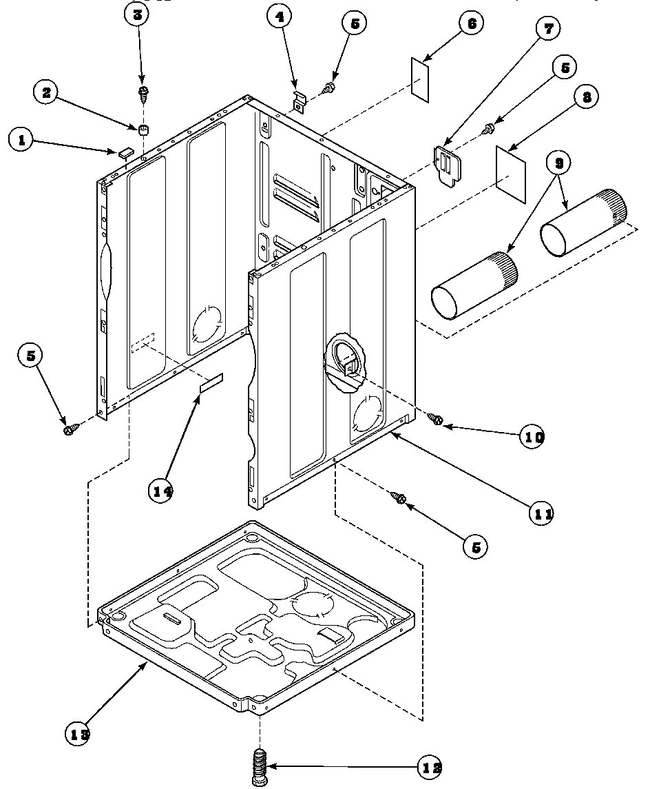 Speed Queen AEM677L2/PAEM677L2 cabinet, exhaust duct and base diagram