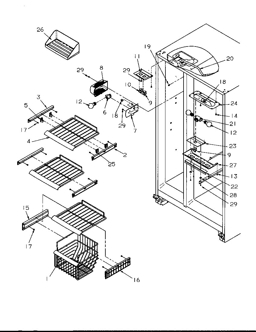 Amana SSD25SL-P1190420WL freezer shelving and refrigerator light diagram