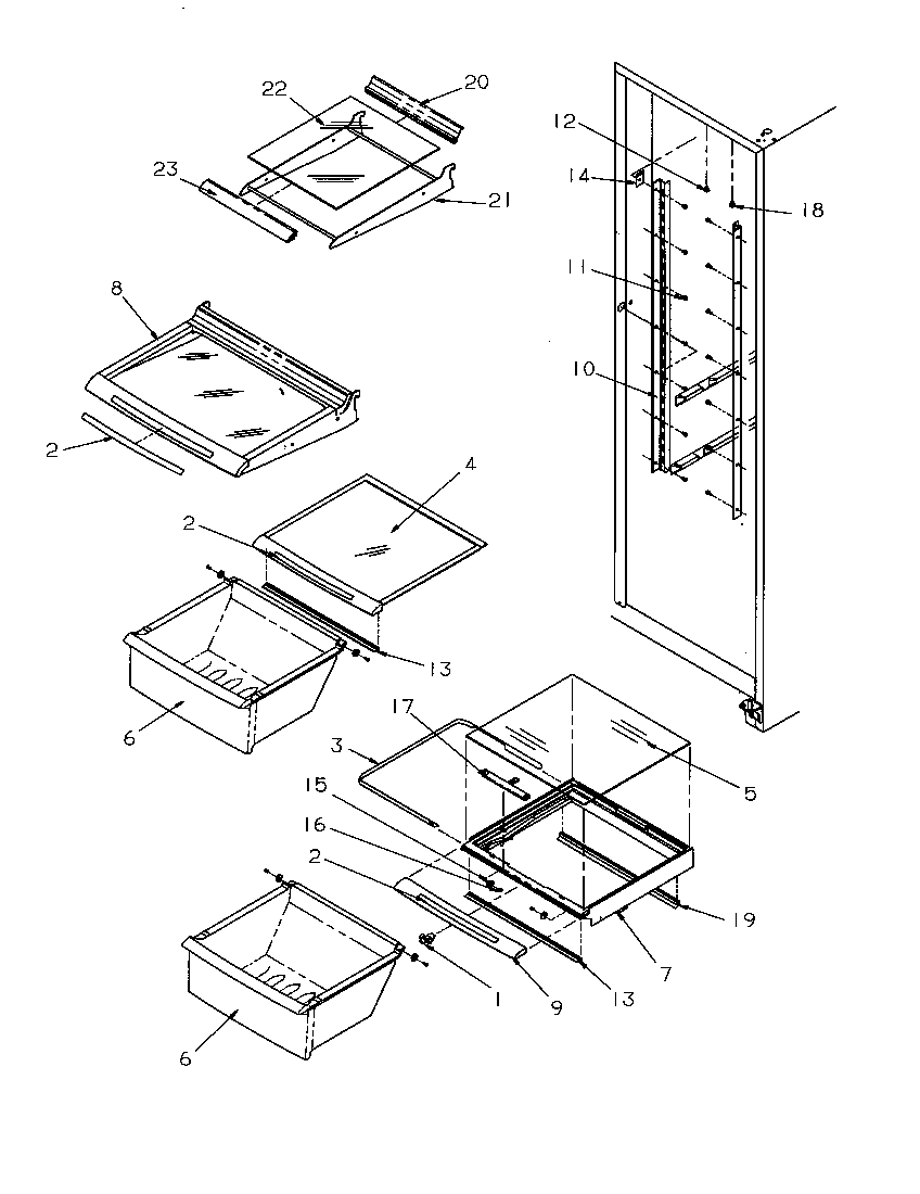 Amana SSD25SL-P1190420WL refrigerator shelving and drawers diagram