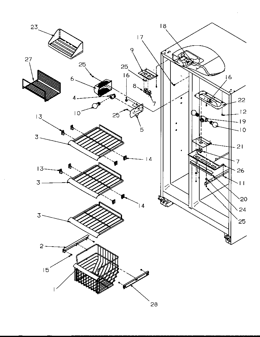 Amana 2599W-P1190419WW freezer shelving and refrigerator light diagram