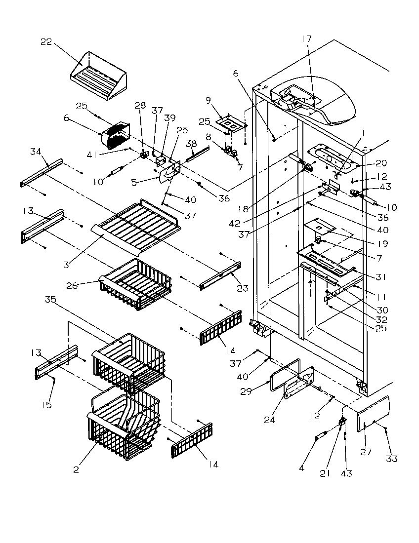 Amana SRDE327S3L-P1184903W freezer shelving and refrigerator light diagram