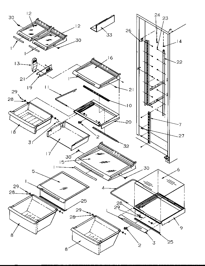 Amana SRDE327S3L-P1184903W refrigerator shelving and drawers diagram