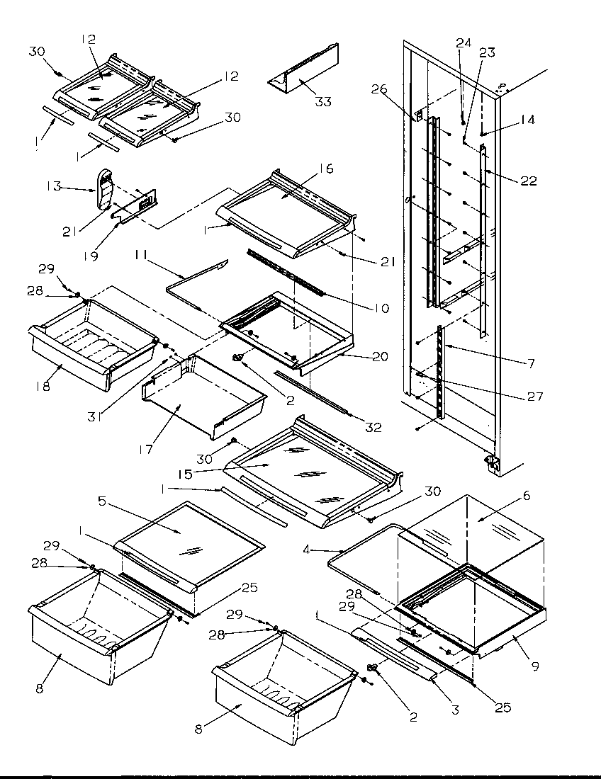 Amana SRD325S5L-P1199401WL refrigerator shelving and drawers diagram
