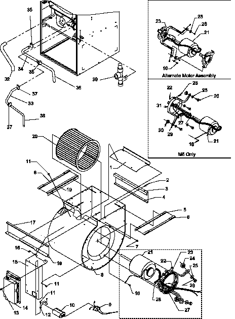 Amana GUX090X50B/P1207805F blower assembly and drain tubes diagram