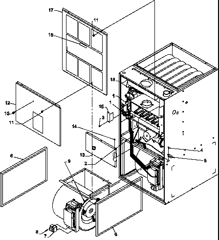 Amana GUD045X30B/P1208001F cabinet assembly and blower mounting diagram