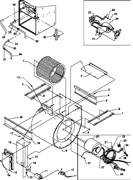 Amana GUD045X30B/P1208001F blower assembly and drain tubes diagram