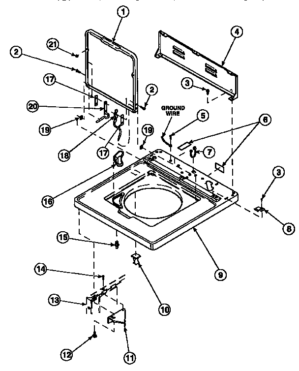 Amana LW8363W2/PLW8363W2B cabinet top, loading door and control hood rear panel diagram