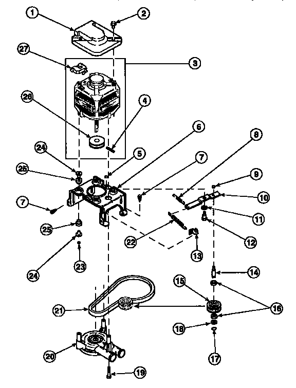 Amana LW8363W2/PLW8363W2B motor, mounting bracket, belt, pump and idler assembly diagram