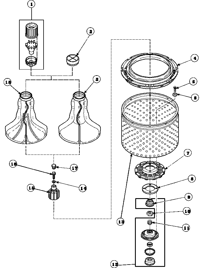 Amana LW8363W2/PLW8363W2B agitator, drive bell, seal kit, washtub and hub diagram