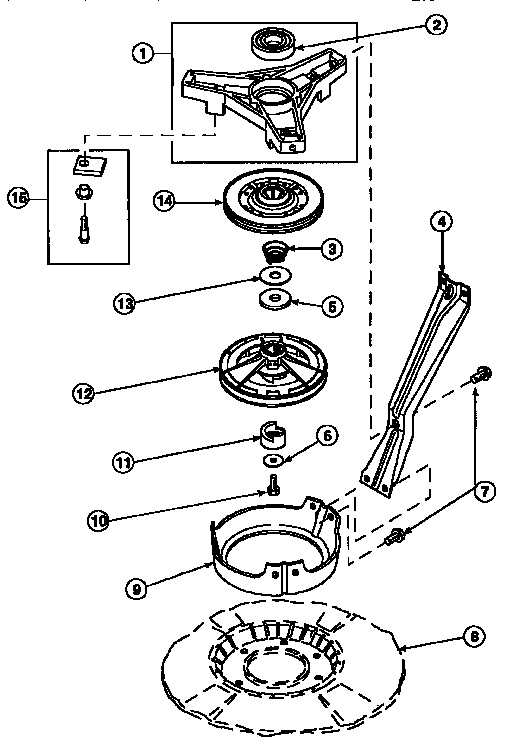 Amana LW8363W2/PLW8363W2B bearing housing, brake pulley and pivot dome diagram