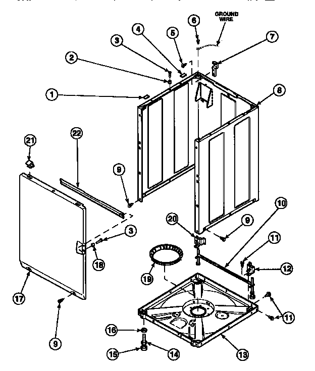 Amana LW8363W2/PLW8363W2B front panel, base assembly and cabinet assembly diagram