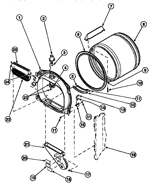Amana LG8153LM-PLG8153LM front bulkhead, air duct, felt seal and cylinder diagram