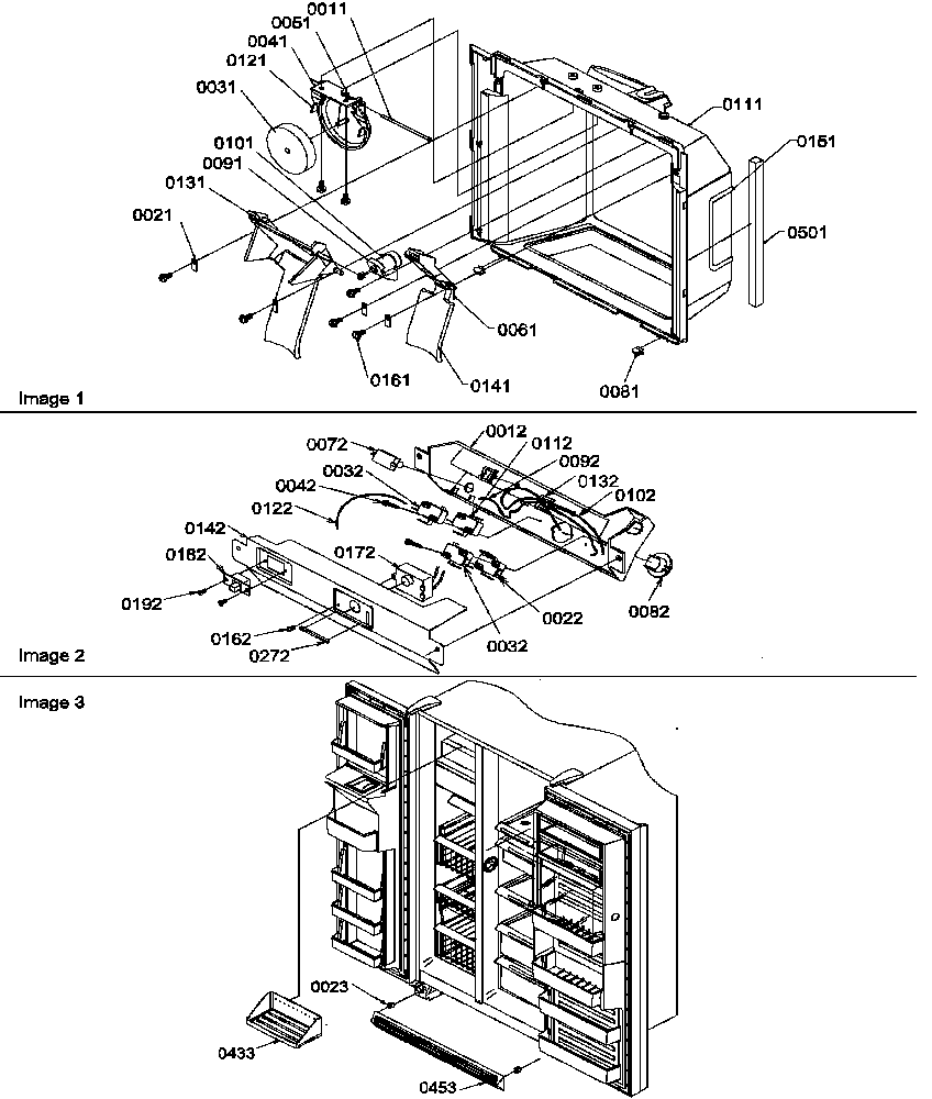 Amana SRDE27S3E-P1190602WE ice & water cavity, electronic bracket, toe grille diagram