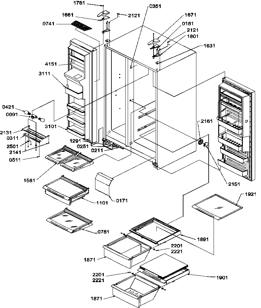Amana SRDE27S3E-P1190602WE refrigeratorfreezer shelves, light, and hinges diagram