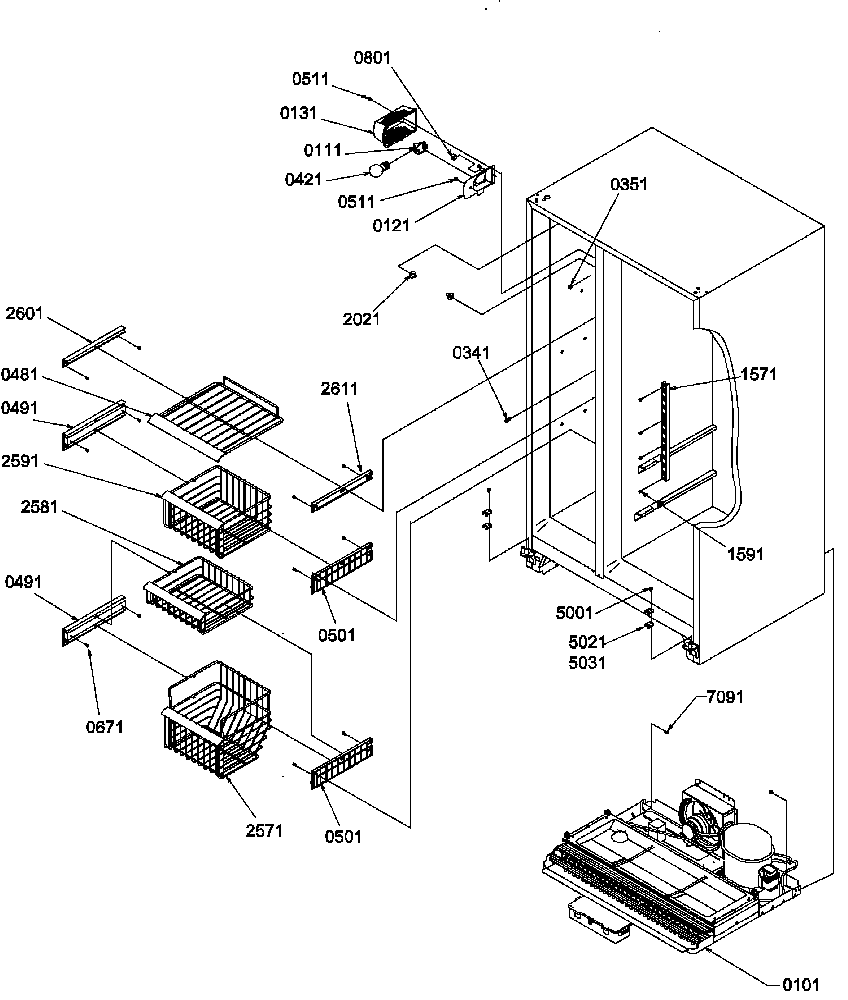 Amana SRDE27S3E-P1190602WE freezer shelves and light diagram