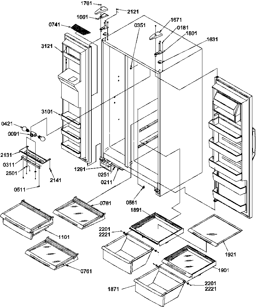 Amana SXD25S2E-P1190421WE refrigerator/freezer shelves, lights, and hinges diagram