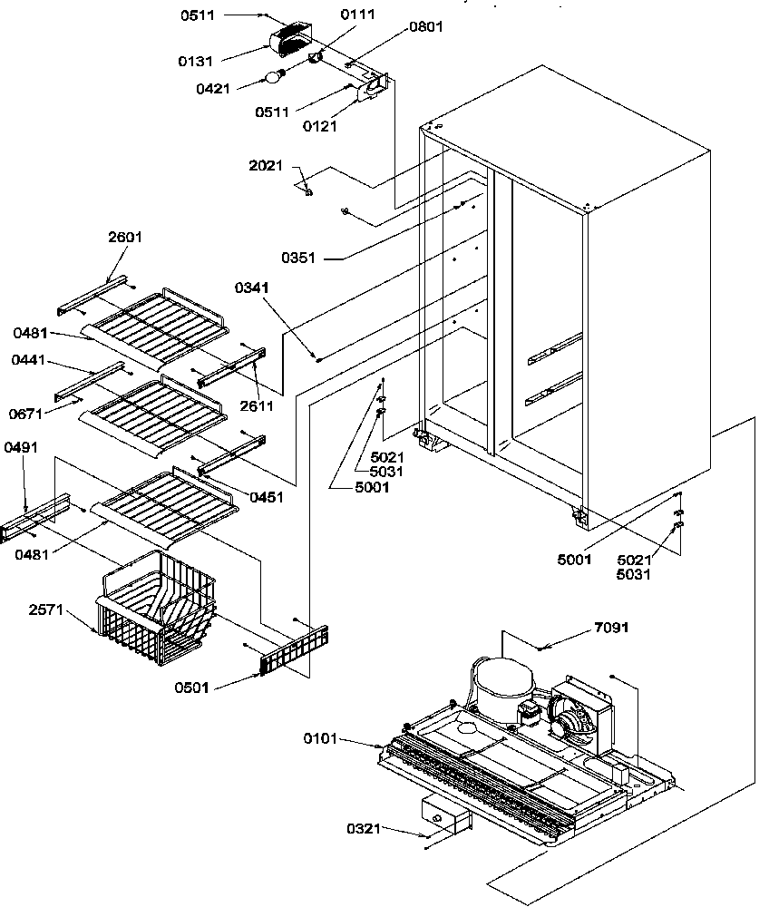 Amana SXD25S2E-P1190421WE freezer shelves and light diagram