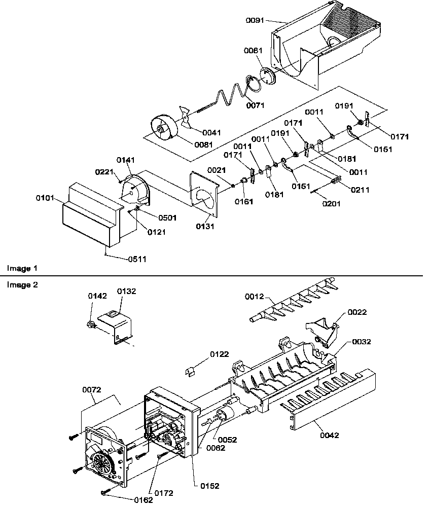 Amana SXD25S2E-P1190421WE ice bucket auger and ice maker parts diagram