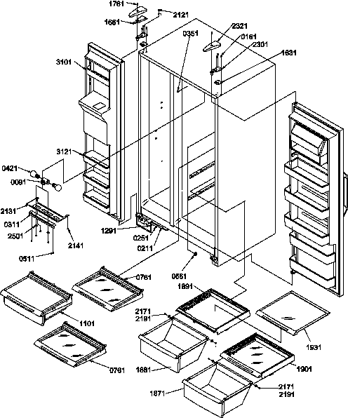 Amana SXD20TL-P1302901WL refrigerator/freezer shelves, lights, and hinges diagram