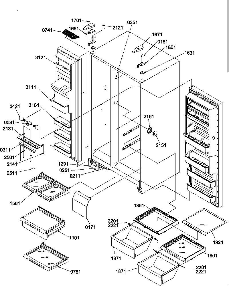 Amana SRD25S5E-P1190305WE refrigerator/freezer shelves, lights, and hinges diagram