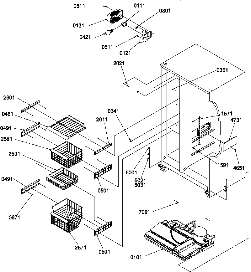 Amana SRD25S5E-P1190305WE freezer shelves and lights diagram