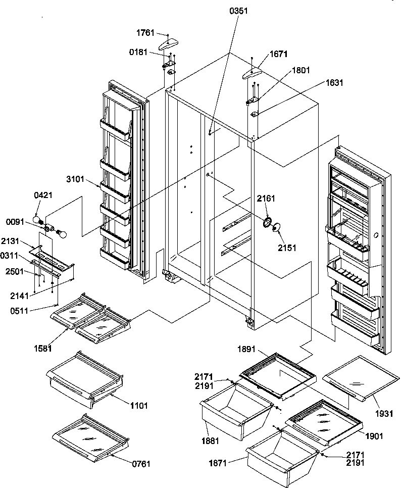Amana SR20TL-P1190102WL refrigerator/freezer shelves, lights, & hinges diagram