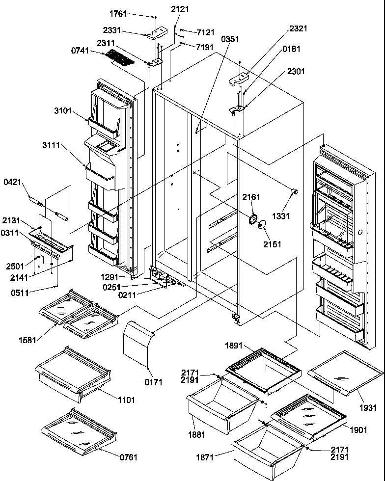 Amana SBDX520SW-P1185104WW refrigerator/freezer shelves, lights, and hinges diagram