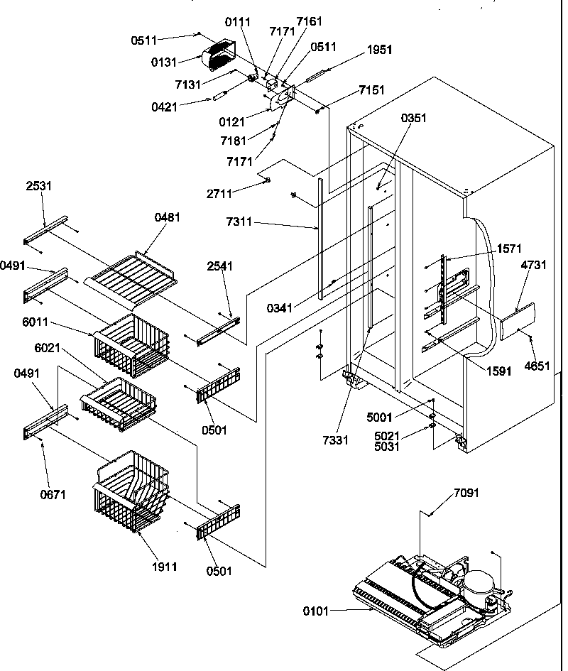 Amana SBDX520SW-P1185104WW freezer shelves and light diagram