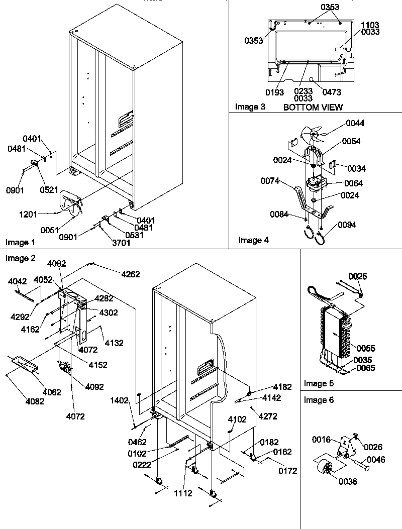 Amana SBDX520SW-P1185104WW rollers, hinges, and evaporator assemblies diagram