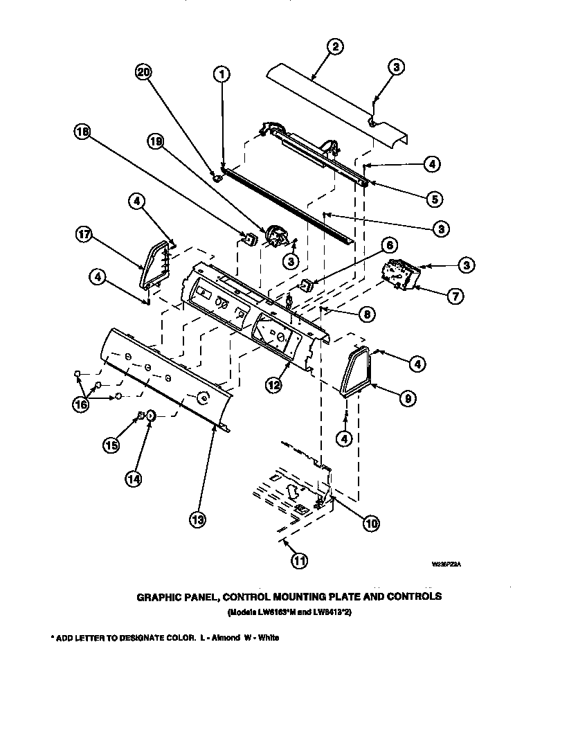 Amana LW8201L2-PLW8201L2A graphic panel, control mounting plate and controls (cw4202w2/pcw4202w2a) (cw8202w2/pcw8202w2a) (cw8203w2/pcw8203w2a) (cw8413w2/pcw8413w2a) (lw2001w2/plw2001w2a) (lw2501l2/plw2501l2a) (lw2501w2/plw2501w2a) (lw3502l2/plw3502l2a) (lw3502w2/plw3502w2a) (lw350 diagram