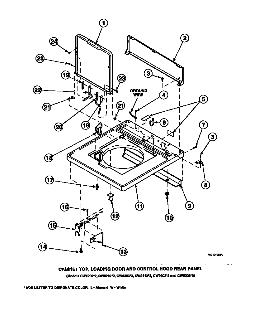 Amana LW8201L2-PLW8201L2A cabinet top, loading door and control hood rear panel (cw4202w2/pcw4202w2a) (cw8202w2/pcw8202w2a) (cw8203w2/pcw8203w2a) (cw8413w2/pcw8413w2a) (lw2001w2/plw2001w2a) (lw2501l2/plw2501l2a) (lw2501w2/plw2501w2a) (lw3502l2/plw3502l2a) (lw3502w2/plw3502w2a) (lw diagram