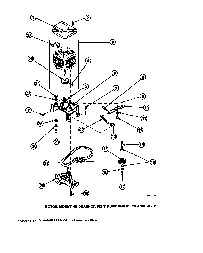 Amana LW8201L2-PLW8201L2A motor, mounting bracket, belt, pump and idler assembly (cw4202w2/pcw4202w2a) (cw8202w2/pcw8202w2a) (cw8203w2/pcw8203w2a) (cw8413w2/pcw8413w2a) (lw2001w2/plw2001w2a) (lw2501l2/plw2501l2a) (lw2501w2/plw2501w2a) (lw3502l2/plw3502l2a) (lw3502w2/plw3502w2a) (l diagram