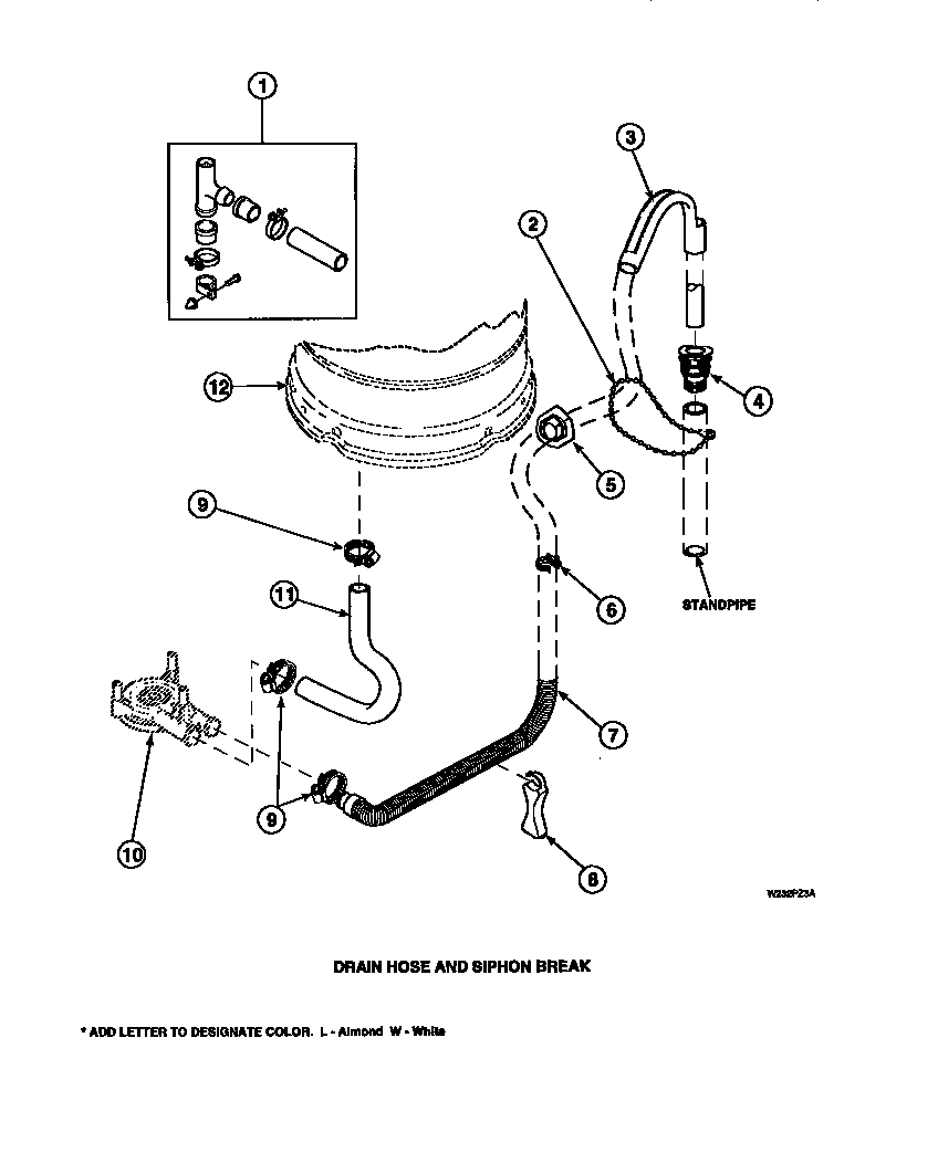 Amana LW8201L2-PLW8201L2A drain hose and siphon break (cw4202w2/pcw4202w2a) (cw8202w2/pcw8202w2a) (cw8203w2/pcw8203w2a) (cw8413w2/pcw8413w2a) (lw2001w2/plw2001w2a) (lw2501l2/plw2501l2a) (lw2501w2/plw2501w2a) (lw3502l2/plw3502l2a) (lw3502w2/plw3502w2a) (lw3503l2/plw3503l2a) (lw3503 diagram