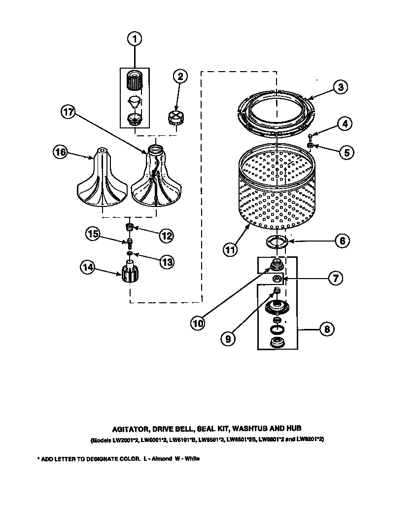 Amana LW8201L2-PLW8201L2A agitator, drive bell, seal kit, washtub and hub (cw4202w2/pcw4202w2a) (cw8202w2/pcw8202w2a) (cw8203w2/pcw8203w2a) (cw8413w2/pcw8413w2a) (lw2001w2/plw2001w2a) (lw2501l2/plw2501l2a) (lw2501w2/plw2501w2a) (lw3502l2/plw3502l2a) (lw3502w2/plw3502w2a) (lw3503l2 diagram