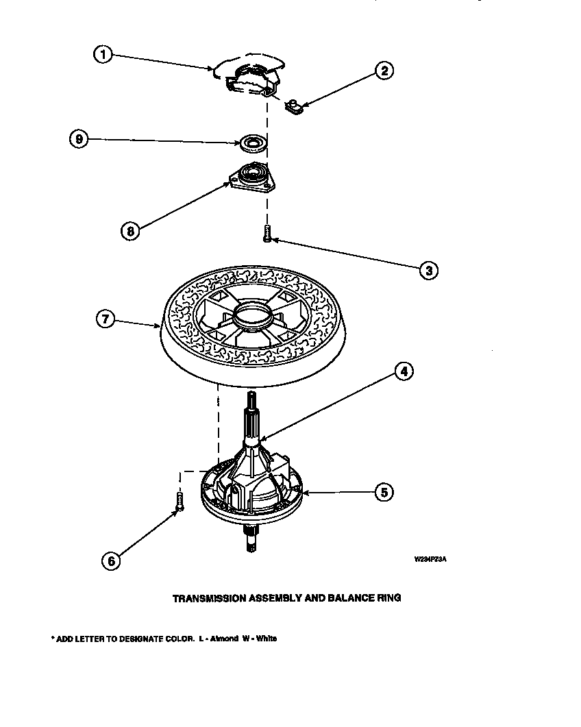 Amana LW8201L2-PLW8201L2A transmission assembly and balance ring (cw4202w2/pcw4202w2a) (cw8202w2/pcw8202w2a) (cw8203w2/pcw8203w2a) (cw8413w2/pcw8413w2a) (lw2001w2/plw2001w2a) (lw2501l2/plw2501l2a) (lw2501w2/plw2501w2a) (lw3502l2/plw3502l2a) (lw3502w2/plw3502w2a) (lw3503l2/plw3503l diagram